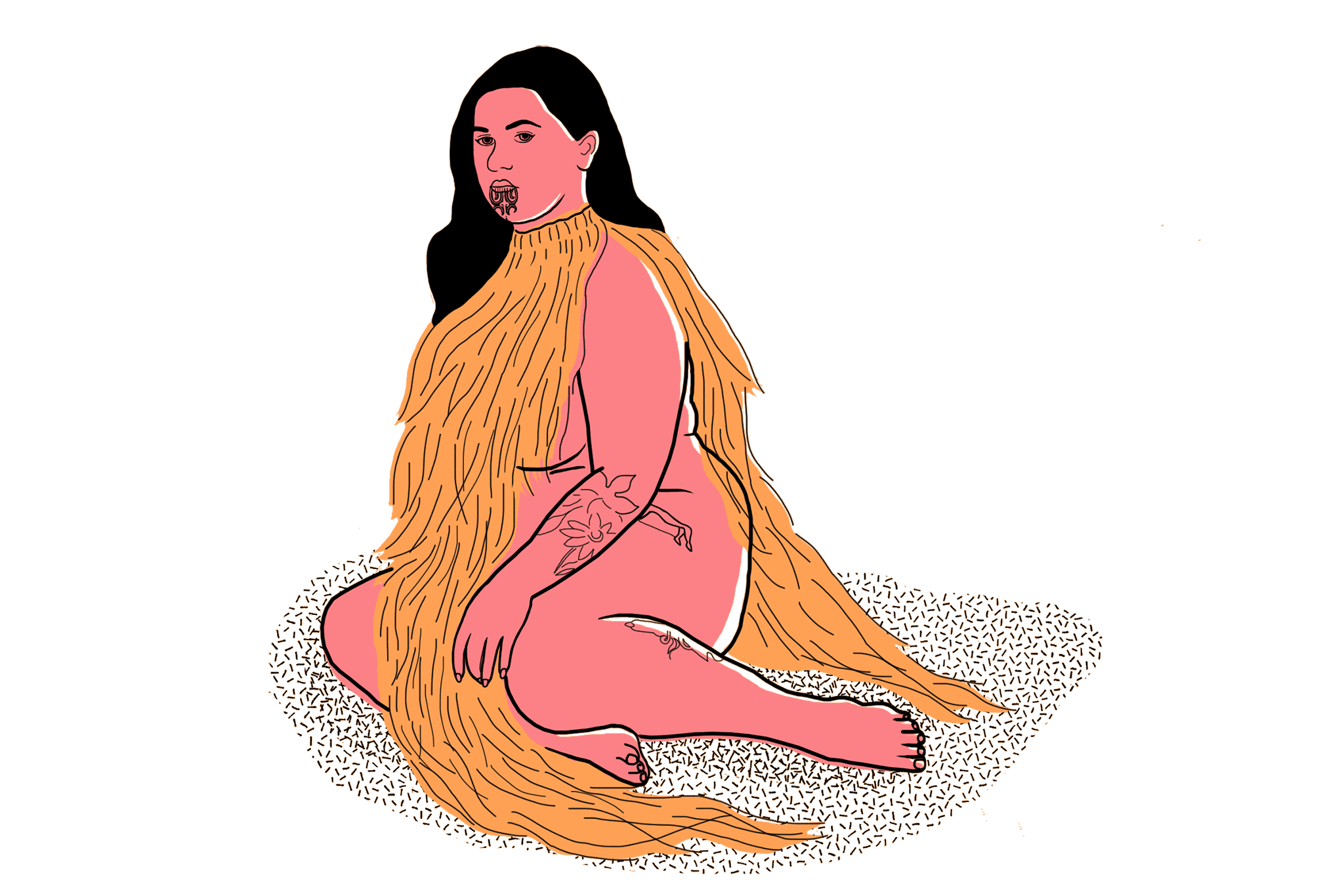Illustration of a Māori woman with a moko kauae and other tattoos, in pink and orange.
