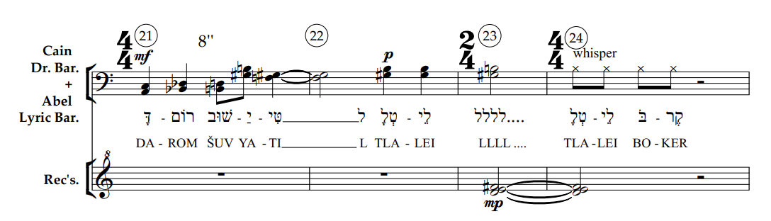 דוגמה 6, תמונה ראשונה, תיבות 21-24, תפקיד זמרה וחליליות