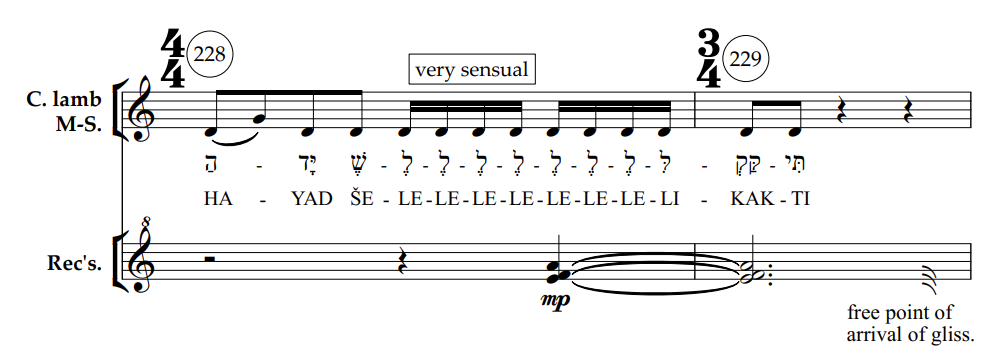 דוגמה 7, תמונה שלישית, תיבות 228-229, תפקיד זמרה וחליליות